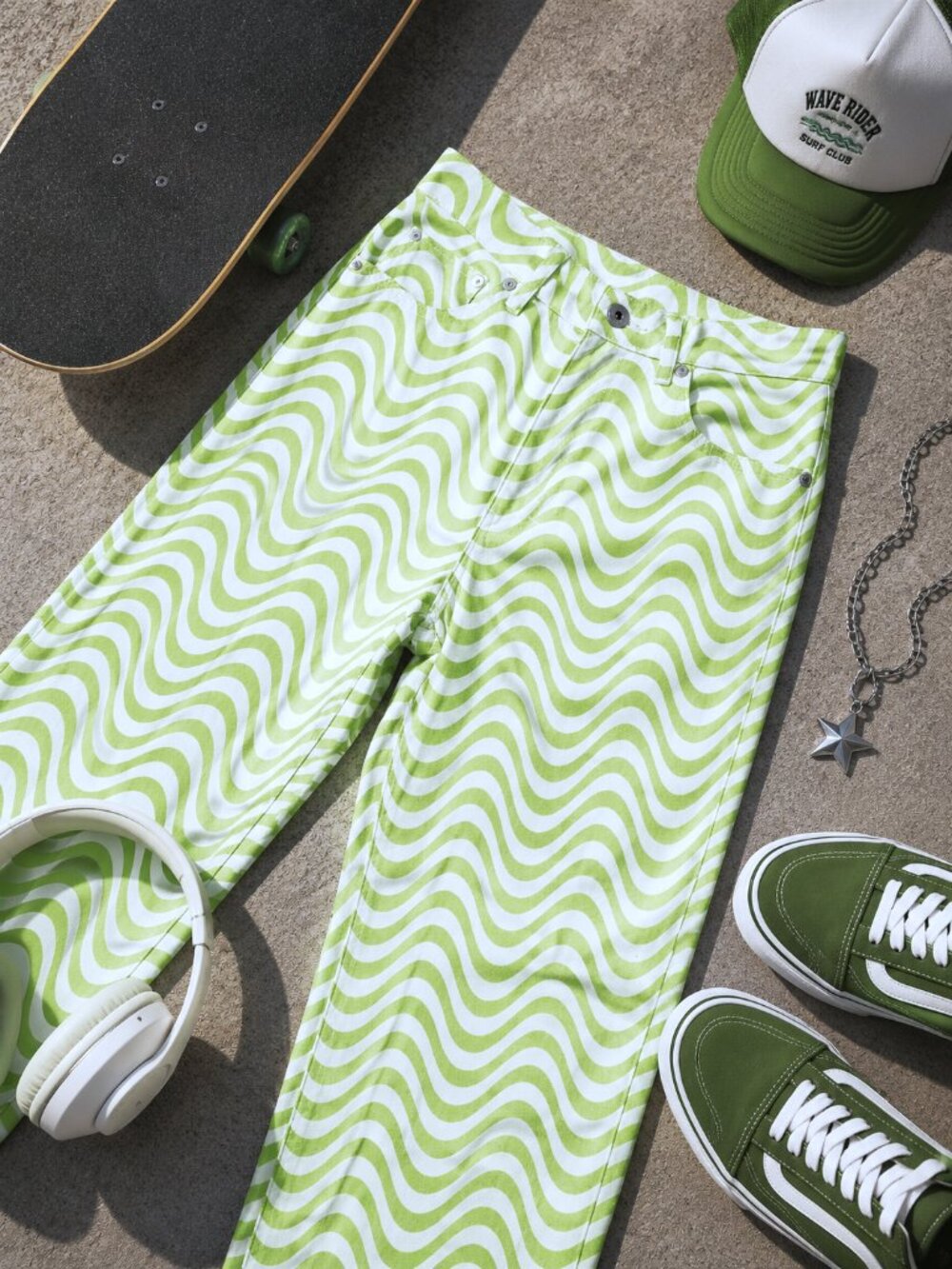 Ragged Priest Brand Green Wave Print Wide Leg Streetwear Pants Jeans Size 26